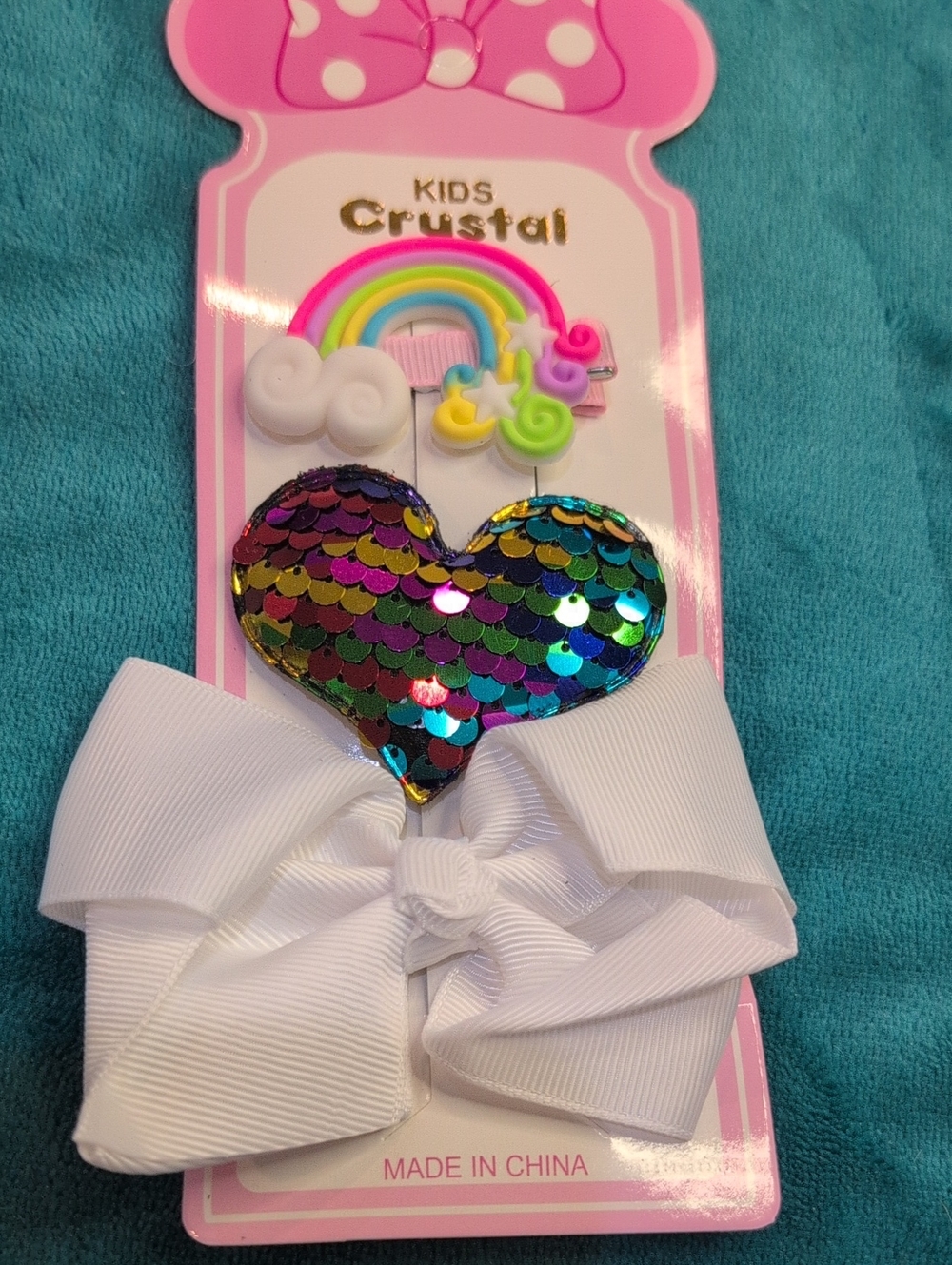 Kids Crystal Rainbow Heart Sequin Hair Clips with White Bow